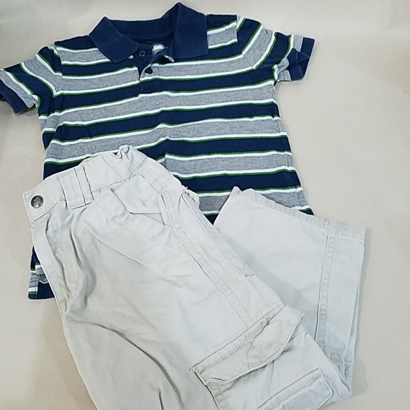 Grey Stripe Polo & Khaki Pants set 4T